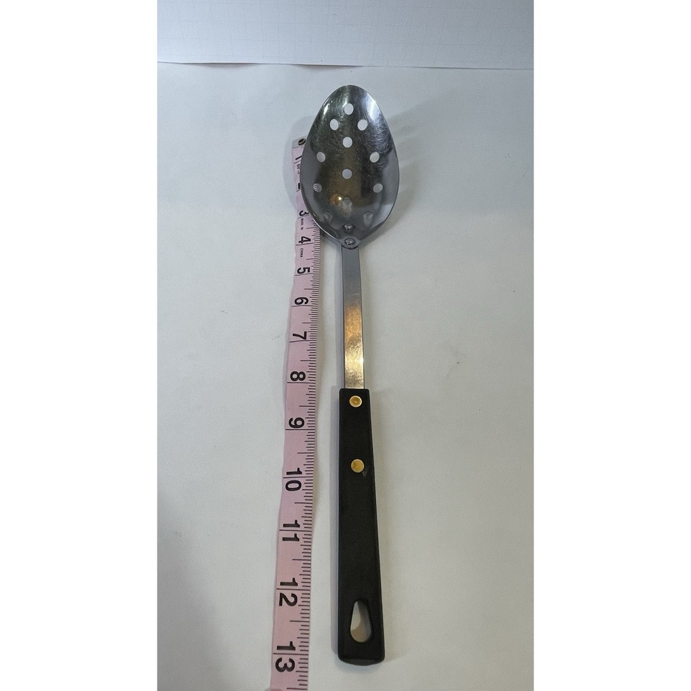 Vintage Stainless Steel USA Slotted 13" Serving Spoon Black Handle Brass Rivets